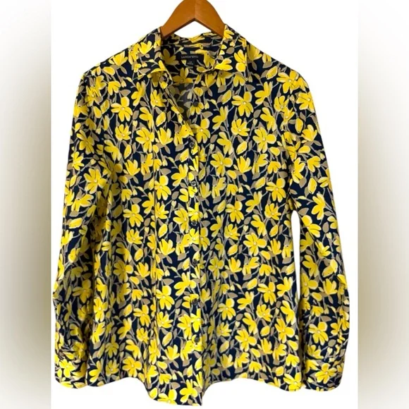 Lands End-NWOT women’s 12 gorgeous no iron floral button down oxford blue/yellow - Picture 4 of 9